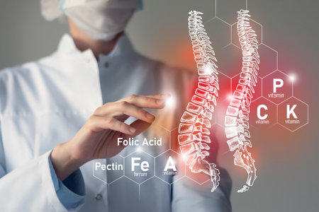 Essential nutrients for Spine health including Magnesium, Vitamin B12, Calcium, Ferrum. Blurred portrait of doctor holding highlighted red Spine.の写真素材