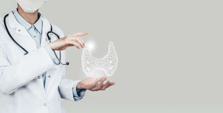 Female doctor holding virtual Thyroid Gland in hand. Handrawn human organ, copy space on right side, gray hdr color. Healthcare / scientific technologies concept stock photoの写真素材
