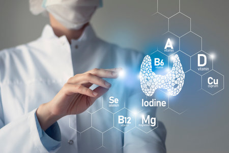 Essential nutrients for Thyroid Gland health including Iodine, Selenuim, Vitamin B6, Cuprum. Blurred portrait of doctor holding highlighted blue Thyroid Gland.の写真素材