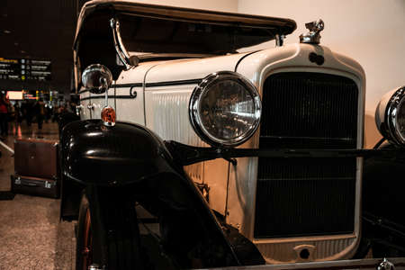 4 June 2019, Moscow, Russia: vehicle grille and headlights of american car Pontiac 6-28 (186) 1928. Classical retro cars of 1920s.のeditorial素材