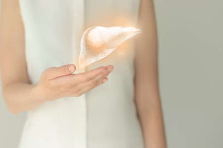 Unrecognizable female patient in white clothes, highlighted handrawn liver in hands. Human digestive system issues concept.の写真素材