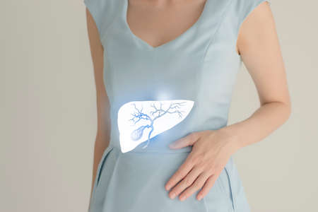 Unrecognizable female patient in blue clothes, highlighted handrawn gall bladder in hands. Human digestive system issues concept.の写真素材
