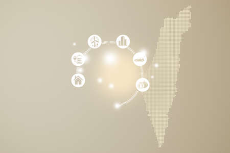 Energy innovation with future industry of power generation icons graphic interface. Interactive map of Israel on beige backgroundの写真素材