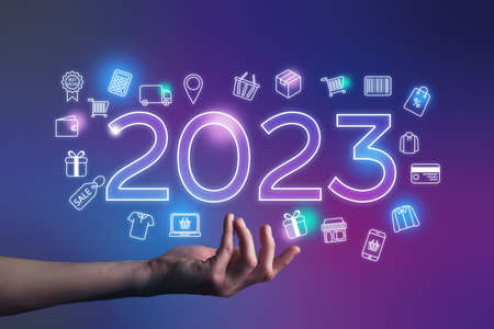 2023 New Year & Christmas Shopping â e-commerce web banner on violet background. Various shopping icons. online shopping conceptの写真素材