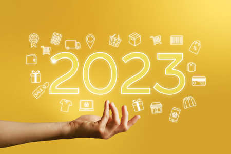 2023 New Year & Christmas Shopping â e-commerce web banner on golden background. Various shopping icons. online shopping conceptの写真素材