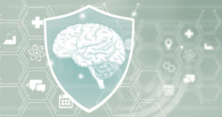Human internal organ Brain emergency help and protection from neurology diseases. Turquoise template palette, copy space for text.の写真素材