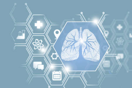 Human internal organ Lungs emergency help and protection from diseases. Blue template palette, copy space for text.の写真素材