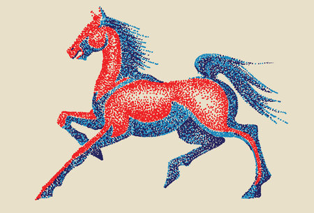 Dotted silhouette drawing of toy horse. Template for design. Line art animal collection. 3 colors dotted horseのイラスト素材