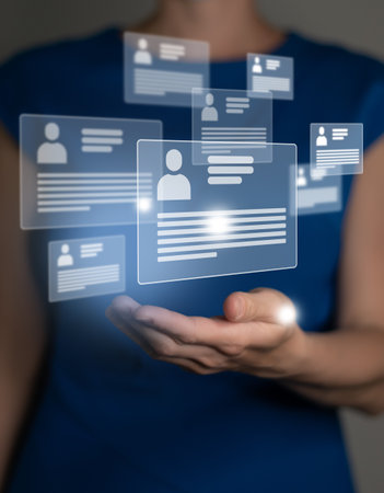 Managers`s hand pointing on highlighted cv cards with candidates information. Human resources concept.Illustrative material for articles and web.の写真素材