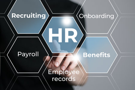 Female manager holding highlighted HR icons. human resources concept. Illustrative material for articles and web.の写真素材