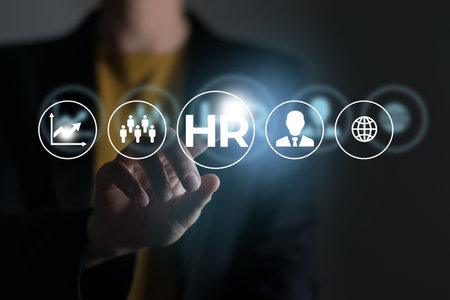 Human resource manager looking at many different recruitment icons. Human resources concept. Illustrative material for articles and web.の写真素材