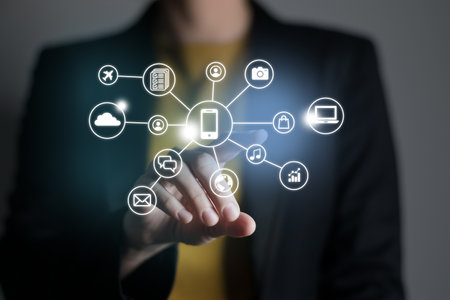 Woman pushing virtual screen with many social and functional icons of mobile apps. Multitasking in hands conceptの写真素材