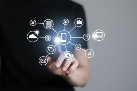 Woman pushing virtual screen with many social and functional icons of mobile apps. Multitasking in hands conceptの写真素材