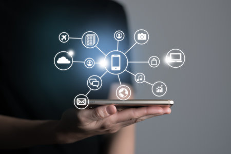 Woman using smartphone with icons expressing multitasking. Digital software technology development conceptの写真素材