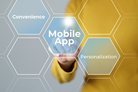 Woman pushing virtual screen with many social and functional icons of mobile apps. Multitasking in hands conceptの写真素材