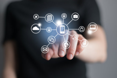 Woman pushing virtual screen with many social and functional icons of mobile apps. Multitasking in hands conceptの写真素材