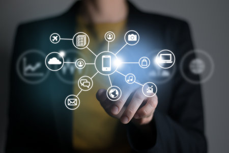 Woman pushing virtual screen with many social and functional icons of mobile apps. Multitasking in hands conceptの写真素材