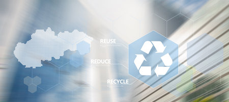 Reduce, reuse, recycle symbol on blurry business district.  Vector illustration with silhouette of Slovakiaの写真素材
