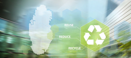 Words reduce reuse recycle on urban blurry background. The Environmental concept of ecological recycle, Vector background with silhouette of Qatarの写真素材