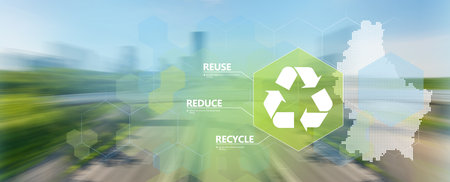 Reduce, reuse, recycle symbol on blurry industrial landscape.  Vector illustration with silhouette of Luxembourgの写真素材