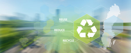 Reduce, reuse, recycle symbol on blurry industrial landscape.  Vector illustration with silhouette of Swedenの写真素材