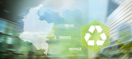 Words reduce reuse recycle on urban blurry background. The Environmental concept of ecological recycle, Vector background with silhouette of Columbiaの写真素材