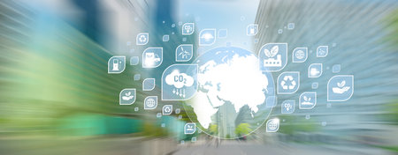 Net Zero and Carbon Neutral Concepts. Globe illustration with icons, blurred city landscape.の写真素材
