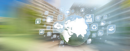 Earth drawing with the icons of Environment theme on city blur backgroud for ESG, co2 concepts.の写真素材