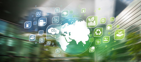 Renewable energy and Carbon dioxide emission concept. Globe illustration with icons, motion blur of urban city.の写真素材