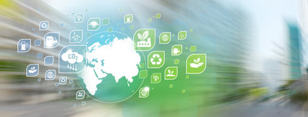 Reduce carbon dioxide concept. Globe illustration with icons. Motion blur of skyscrapers.の写真素材