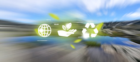 3 environmental icons on blurred background with mountain lakeの写真素材