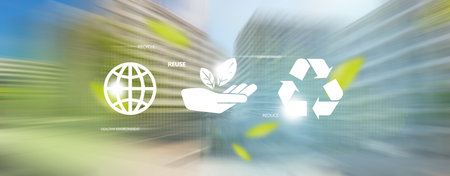 Eco and save the earth concept.3 recycle icons on motion blur of panoramic cityscape on the background.の写真素材