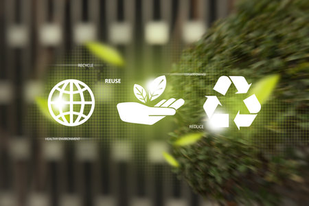Zero waste concept. 3 recycle icons on green foliage bokeh background.の写真素材