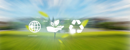 Ecological icons, Planet earth illustration, motion blur of green field, copy space on right side.の写真素材