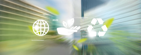 Environmental concept. 3 recycle icons on motion blur of business city on background.の写真素材