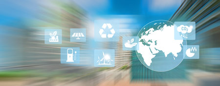 Energy sources icons with motion blur of cityscape on the background.の写真素材