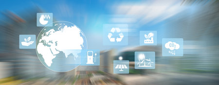 Clean energy concept icons with Motion blur of business city on the background.の写真素材