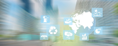 Earth day concept icons with motion blur of cityscape on the background.の写真素材