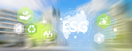 ESG investing concept. Ecology icons with ESG sign and planet Earth illustration.Motion blur of urban city background.の写真素材