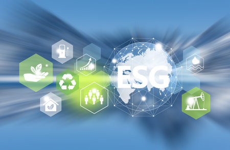 World environment day concept. Ecology icons with ESG sign and planet Earth illustration. Blue motion blur background.の写真素材