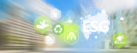 ESG investment strategy concept. Ecology icons with ESG sign and planet Earth illustration.Motion blur of cityscape on the background.の写真素材