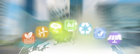 Renewable energy icons in rainbow colors. Motion blur of business city on the background.の写真素材