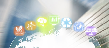 Renewable energy icons in rainbow colors.Motion blur of skyscrapers background.の写真素材