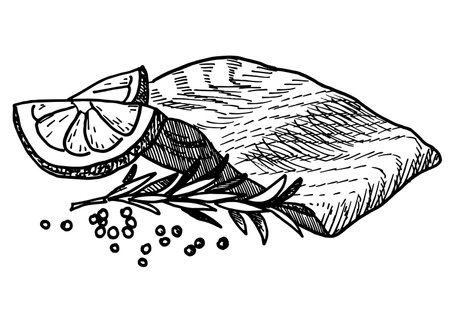 Salmon steak with lemon and herbs drawing isolated on white background for menu design. Vintage engraved sketch. Seafood dot drawing collectionのイラスト素材