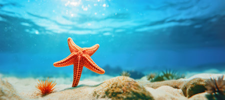 orange starfish walks along the seabed. space for textの素材