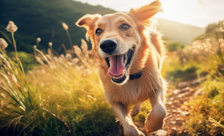 happy dog runs along a path in a clearing in a hilly area. place for the textの素材