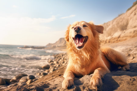 golden retriever lies contentedly on the sand near the ocean. place for the textの素材