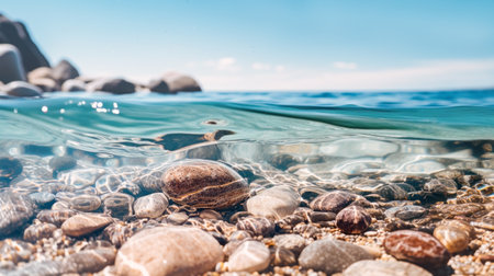 underwater world with beautiful pebbles at the bottom. The sun shimmers beautifully on the rocks. sea cliffs in the background.の素材