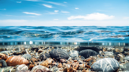 underwater world with beautiful pebbles at the bottom. The sun shimmers beautifully on the rocks. side view of the seaの素材