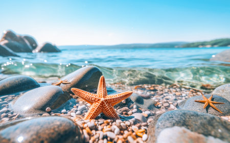 A starfish on the ocean coast, surrounded by rocks, a place for textの素材